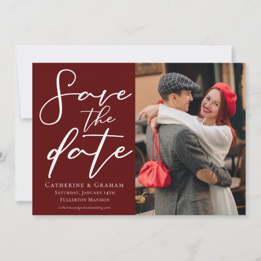 Elegant Bourgondisch Script Paar Foto Save The Date (Voorkant)