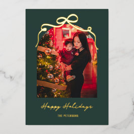 Elegant Bow Arch Chic Green Christmas Photo Gold Folie Feestdagenkaart