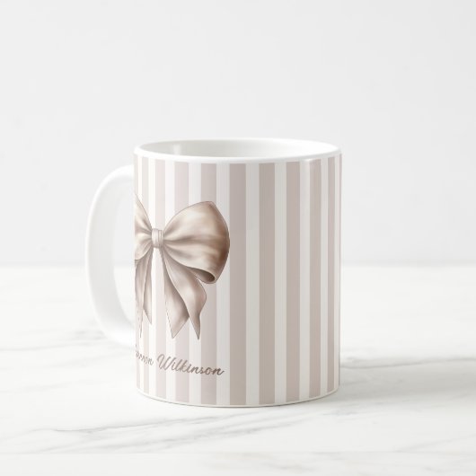 Elegant Bow Beige Stripes Name Mug Koffiemok (Voorkant links)