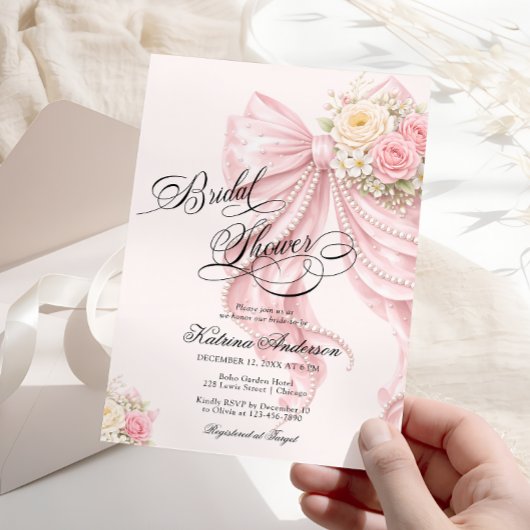 Elegant Bow Floral Blush Pink Bridal Shower Kaart