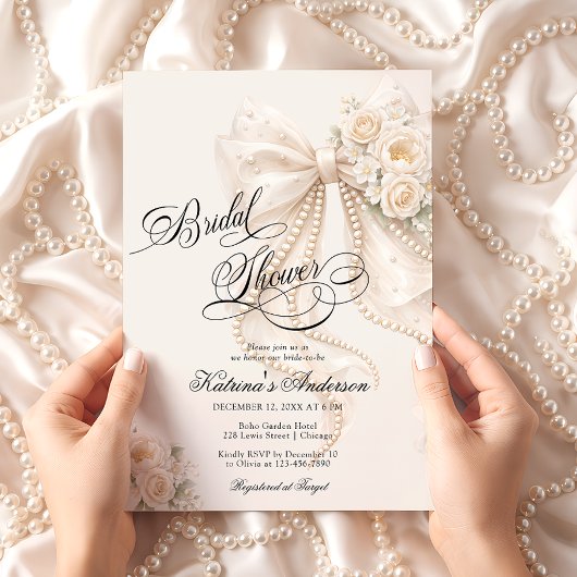 Elegant Bow Floral Neutral Bridal Shower  Kaart