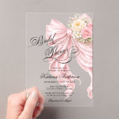 Elegant Bow Pink Floral Bridal Shower  Acryl Uitnodigingen (Insitu (Draagbaar))