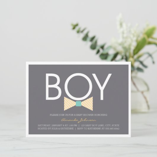 Elegant Bow Stropdas Boy Baby Shower Invitations Kaart (Staand voorkant)
