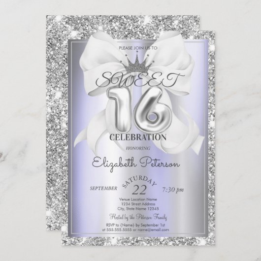 Elegant Bow,Tiara,Violet Silver Glitter Sweet 16  Kaart (Voorkant / Achterkant)
