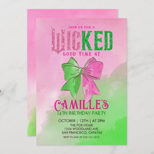 Elegant Bow Wicked Girl Birthday Party  Invitation Kaart (Voorkant / Achterkant)
