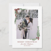Elegant Bow with Greenery Photo Christmas Feestdagenkaart (Voorkant)