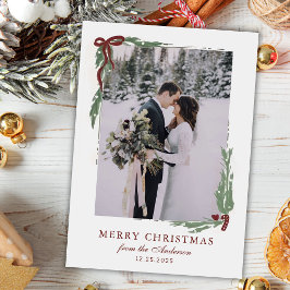 Elegant Bow with Greenery Photo Christmas Feestdagenkaart