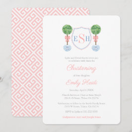 Elegant Boxwood Monogram Girl Christening Party Kaart