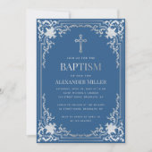 Elegant Boy Baptism Classic Blauw Faux Zilveren Kr Kaart (Voorkant)