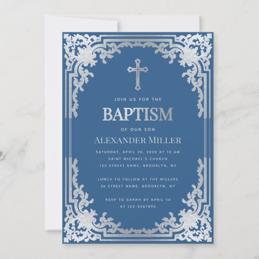 Elegant Boy Baptism Classic Blauw Faux Zilveren Kr Kaart (Voorkant)