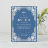 Elegant Boy Baptism Classic Blauw Faux Zilveren Kr Kaart (Staand voorkant)