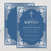 Elegant Boy Baptism Classic Blauw Faux Zilveren Kr Kaart (Voorkant / Achterkant)