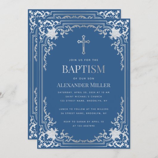Elegant Boy Baptism Classic Blauw Faux Zilveren Kr Kaart (Voorkant / Achterkant)
