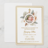 Elegant Boy Baptism Greenery Cross Photo  Invitati Kaart (Voorkant / Achterkant)