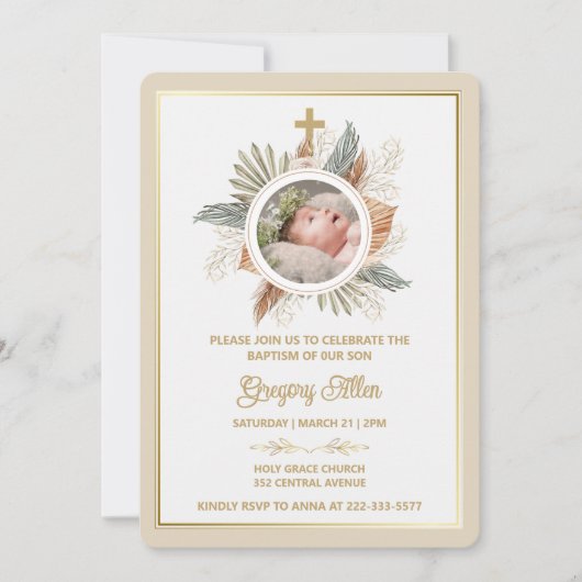 Elegant Boy Baptism Greenery Cross Photo  Invitati Kaart (Voorkant)