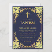 Elegant Boy Baptism Navy Blue Faux Gold  Kaart (Voorkant)