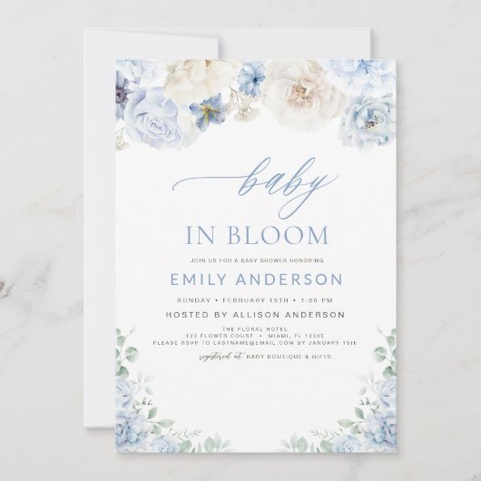 Elegant Boy Blue Baby in Bloom Baby shower Kaart (Voorkant)