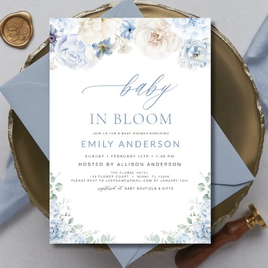 Elegant Boy Blue Baby in Bloom Baby shower Kaart