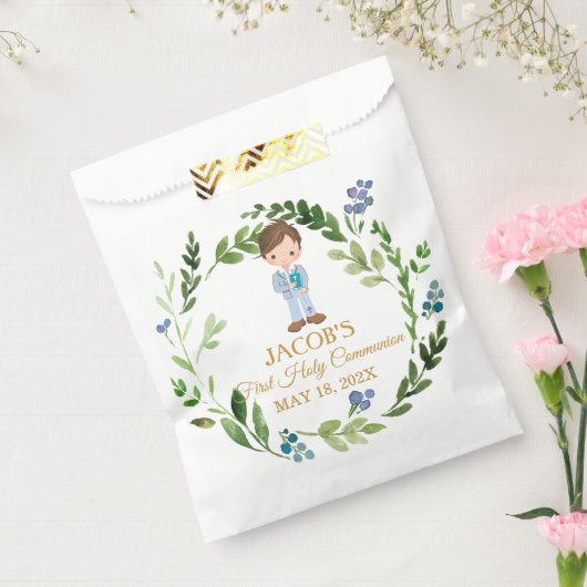 Elegant Boy First Holy Communion Greenery Wreath Bedankzakje (Gezegeld)