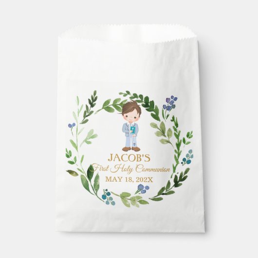 Elegant Boy First Holy Communion Greenery Wreath Bedankzakje (Voorkant)