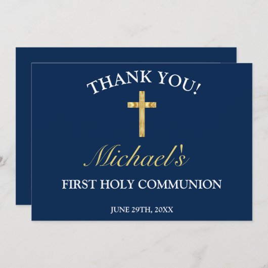 Elegant Boys Gold Blue Cross First Community Bedankkaart (Voorkant / Achterkant)
