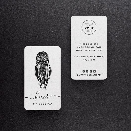 Elegant Braid Wavy Hair Salon Gray Kraft Paper Visitekaartje