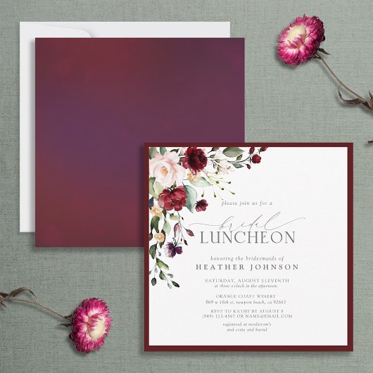 Elegant Bridal Luncheon Floral Burgundy Kaart