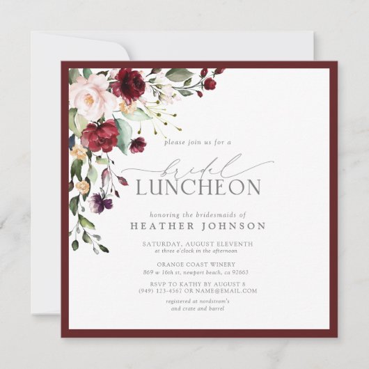 Elegant Bridal Luncheon Floral Burgundy Kaart (Voorkant)