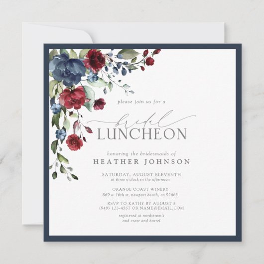 Elegant Bridal Luncheon Floral Navy Blue Burgundy Kaart (Voorkant)