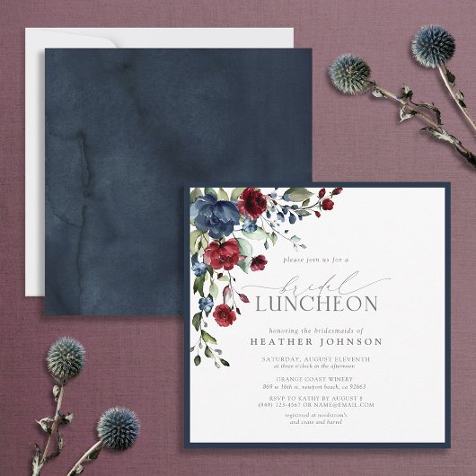 Elegant Bridal Luncheon Floral Navy Blue Burgundy Kaart