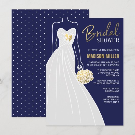 Elegant Bridal Shower Invitation | Blauw en goud Kaart (Voorkant / Achterkant)