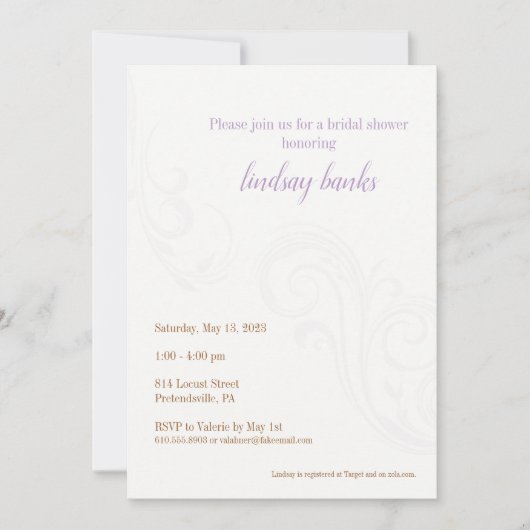 Elegant Bridal Shower Invitation, Lavender Kaart (Voorkant)