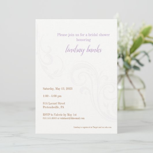 Elegant Bridal Shower Invitation, Lavender Kaart (Staand voorkant)