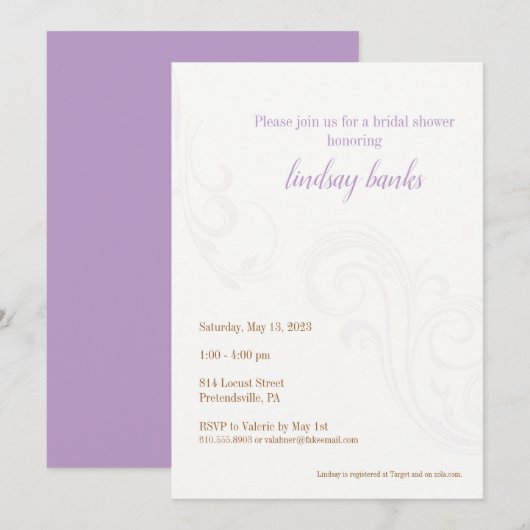 Elegant Bridal Shower Invitation, Lavender Kaart (Voorkant / Achterkant)