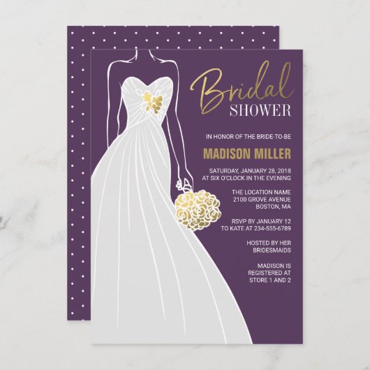 Elegant Bridal Shower Invitation | Paars en goud Kaart (Voorkant / Achterkant)