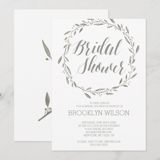 Elegant Bridal Shower Invitations Grey Wreator Kaart (Voorkant / Achterkant)