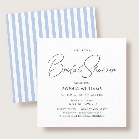 Elegant Bridal Shower Modern Script Blue Stripes Kaart