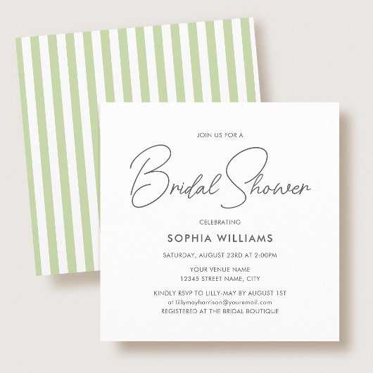 Elegant Bridal Shower Modern Script Green Stripes Kaart