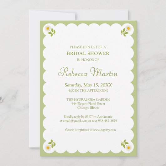Elegant Bridal Shower Sage Green Daisy Simple Chic Kaart (Voorkant)