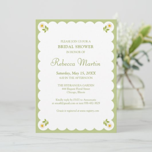 Elegant Bridal Shower Sage Green Daisy Simple Chic Kaart