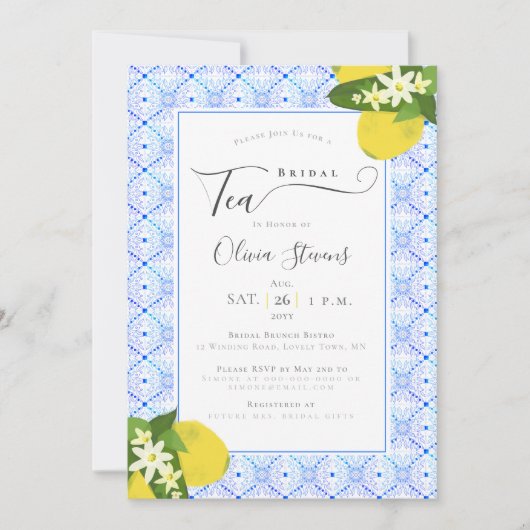 Elegant Bridal Tea Lemons Portugese Tegels Shower Kaart (Voorkant)