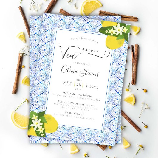 Elegant Bridal Tea Lemons Portugese Tegels Shower Kaart