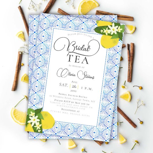 Elegant Bridal Tea Party Lemons Blue Tegels Shower Kaart