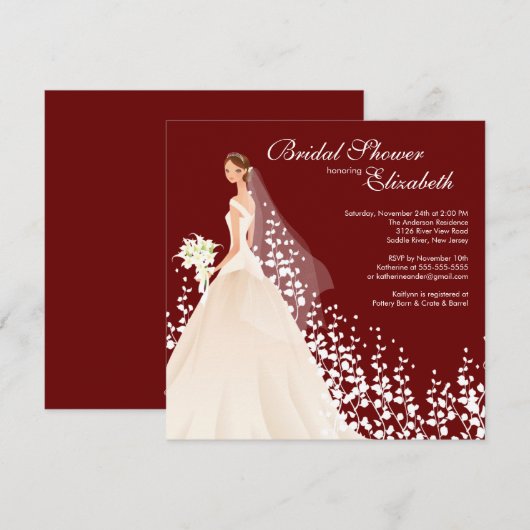 Elegant Bride Bridal Shower Invitation Wine White Kaart (Voorkant / Achterkant)