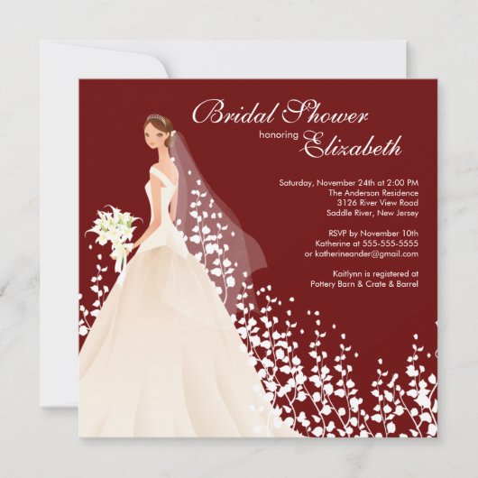 Elegant Bride Bridal Shower Invitation Wine White Kaart (Voorkant)