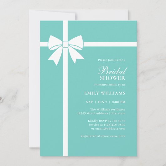 Elegant Bride & Co Blauwgroen Blue Bow Vrijgezelle Kaart (Voorkant)