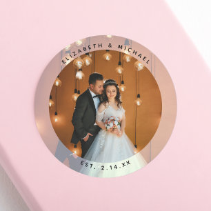 Elegant Bride en Groom Couple Photo Wedding Favor Ronde Sticker