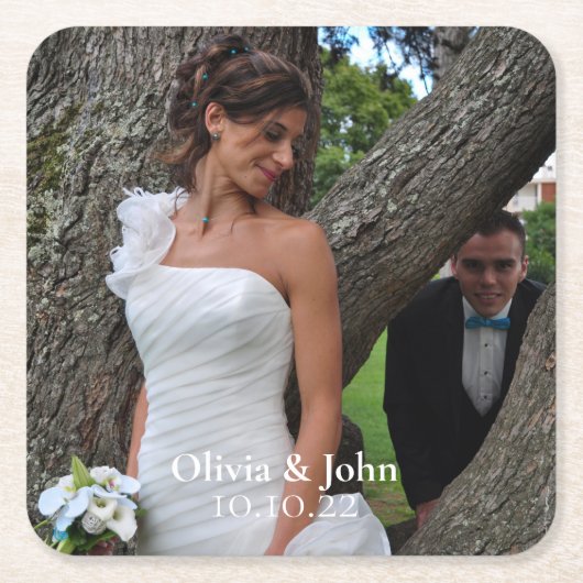 Elegant Bride en Groom Custom Photo Square Paper Kartonnen Onderzetters (Voorkant)