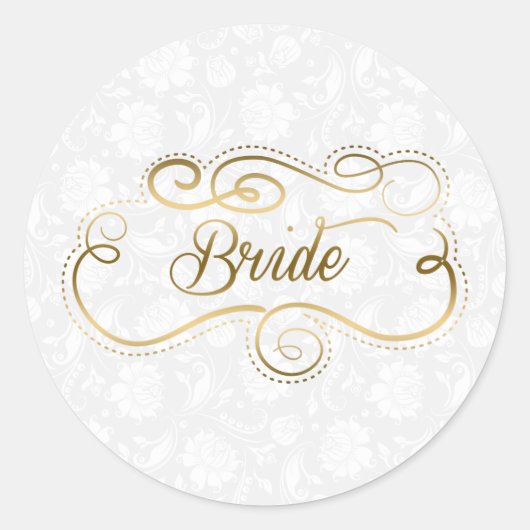 Elegant Bride Gold-tekst & Zwirly-Lijst Ronde Sticker (Voorkant)