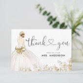 Elegant Bride Gown Dress Gold Floral Vrijgezellenf Bedankkaart (Staand voorkant)